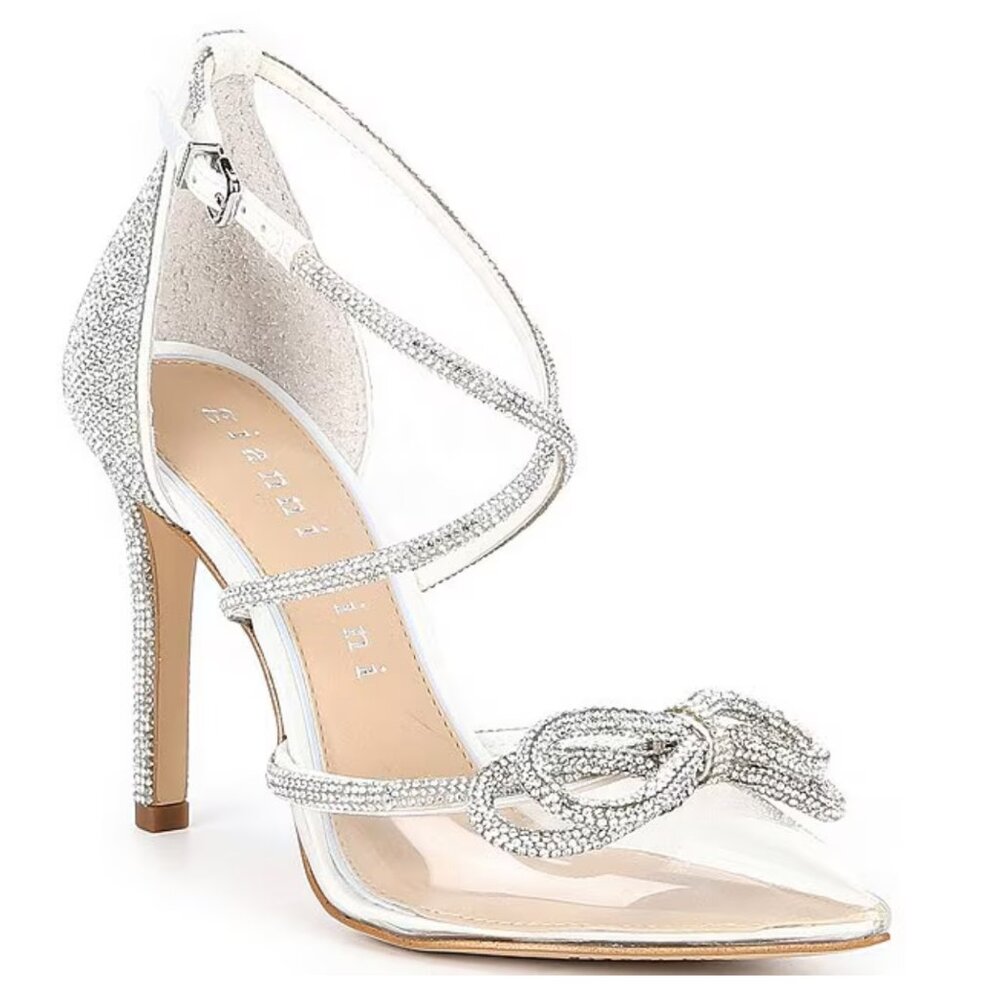 Gianni Bini Bridal Collection Ezlynn Rhinestone Embellished Bow Vinyl Toe Pumps - Picture 1 of 16